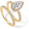 PAVOI 14K Gold Plated 1.7CT Pear Cubic Zirconia Eternity Engagement Ring Promise Ring Set for Women – Hidden Halo(Yellow Gold)