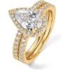 PAVOI 14K Gold Plated 1.7CT Pear Cubic Zirconia Eternity Engagement Ring Promise Ring Set for Women – Hidden Halo(Yellow Gold)