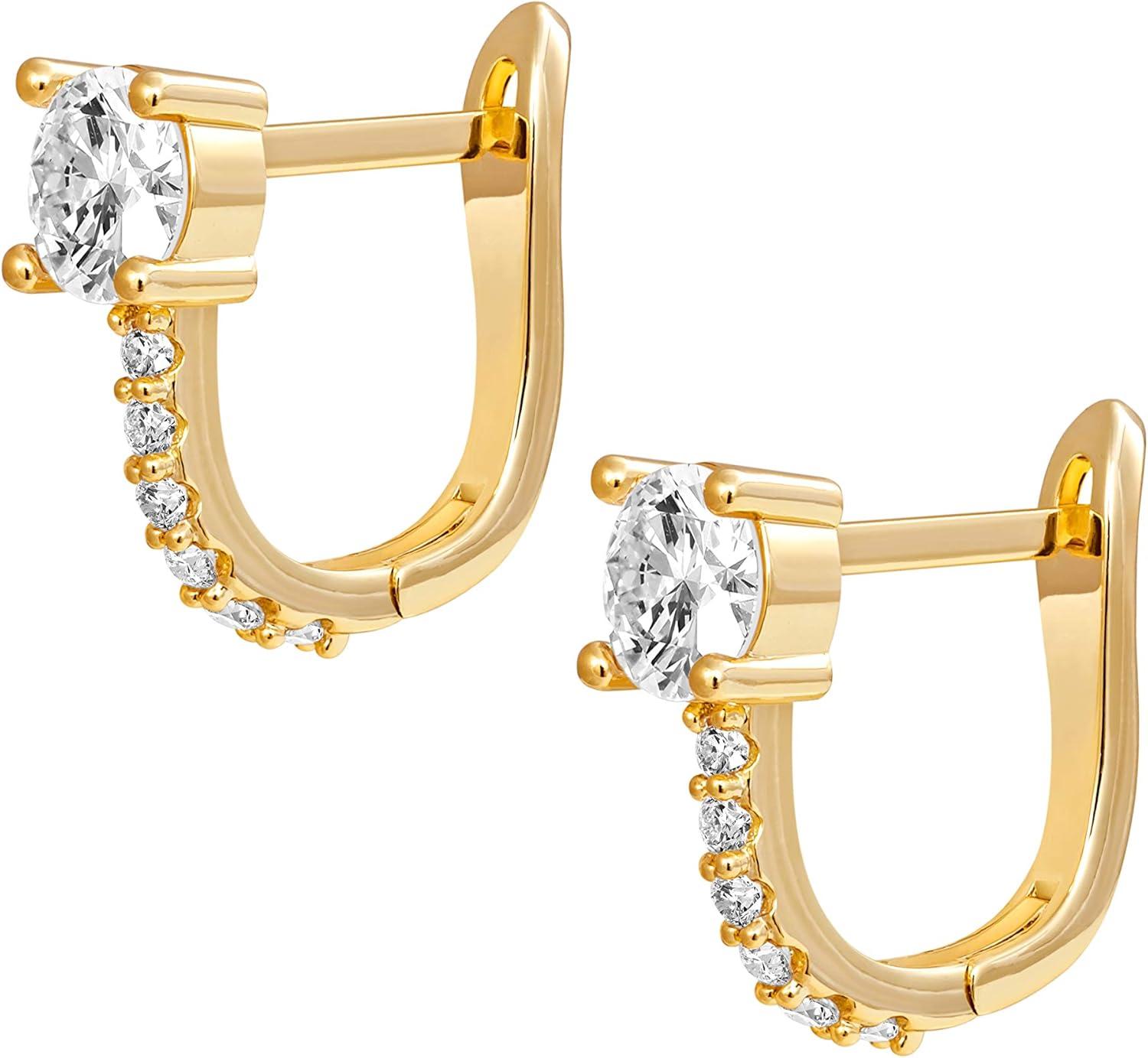 imagePAVOI 14K Gold Plated 925 Sterling Silver Post Cubic Zirconia Huggie Earrings Small Gold Hoop Earrings for Women CZ Stud Cuff EarringYellow Gold
