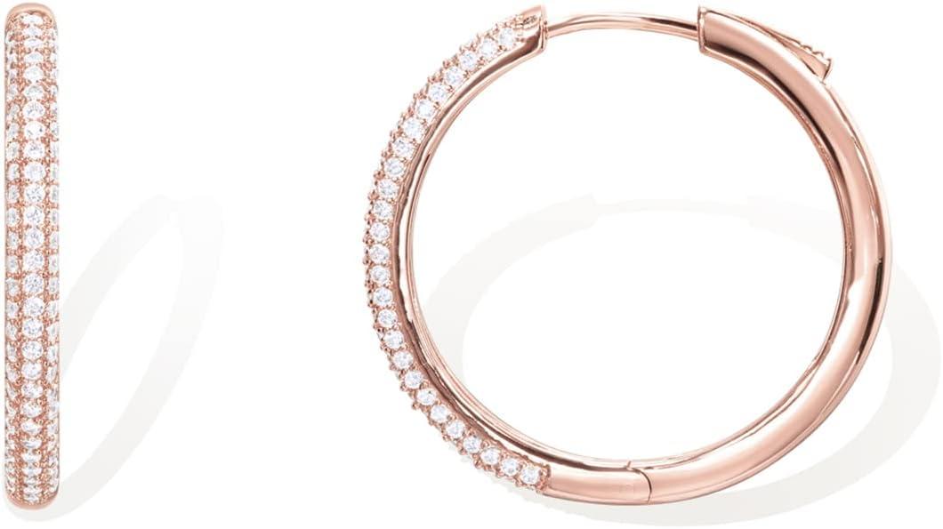 imagePAVOI 14K Gold Plated 925 Sterling Silver Posts Cubic Zirconia Hoop Earrings for Women Halo CZ Gold Huggie HoopsRose Gold