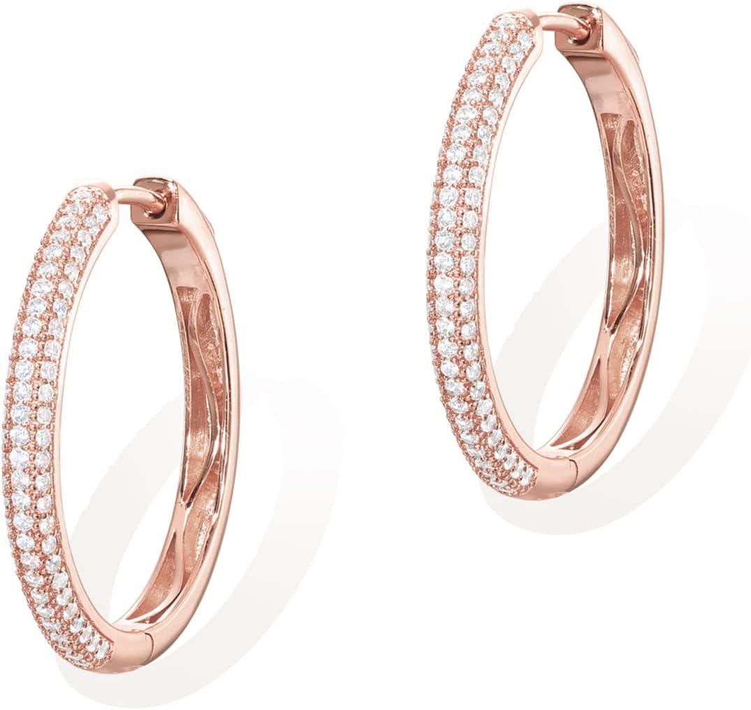 imagePAVOI 14K Gold Plated 925 Sterling Silver Posts Cubic Zirconia Hoop Earrings for Women Halo CZ Gold Huggie HoopsRose Gold