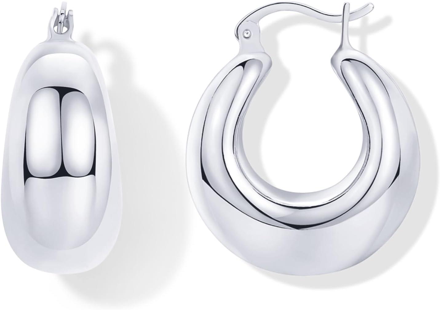 imagePAVOI 14K Gold Plated 925 Sterling Silver Posts Oval Chunky Hoop Earrings for Women Trendy Statement Thick Gold Hoops Lightweight Dangle EarringsWhite Gold