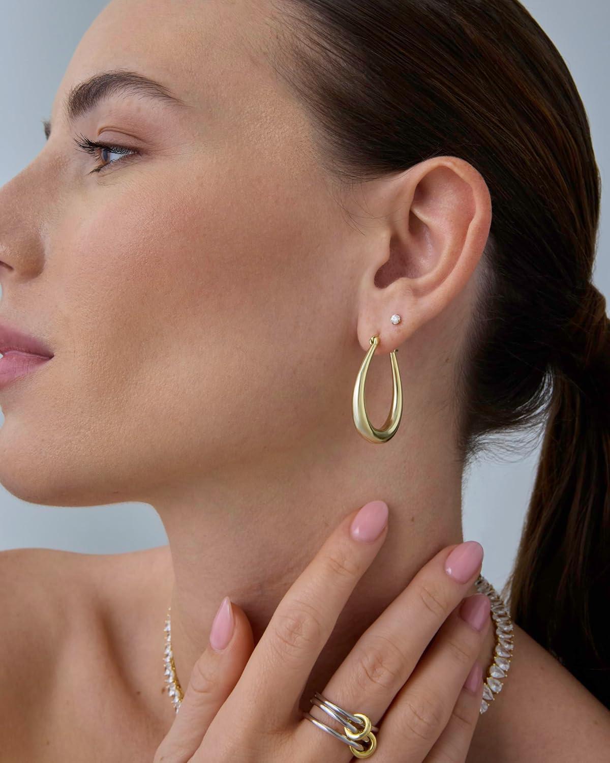 imagePAVOI 14K Gold Plated 925 Sterling Silver Posts Oval Chunky Hoop Earrings for Women Trendy Statement Thick Gold Hoops Lightweight Dangle EarringsWhite Gold