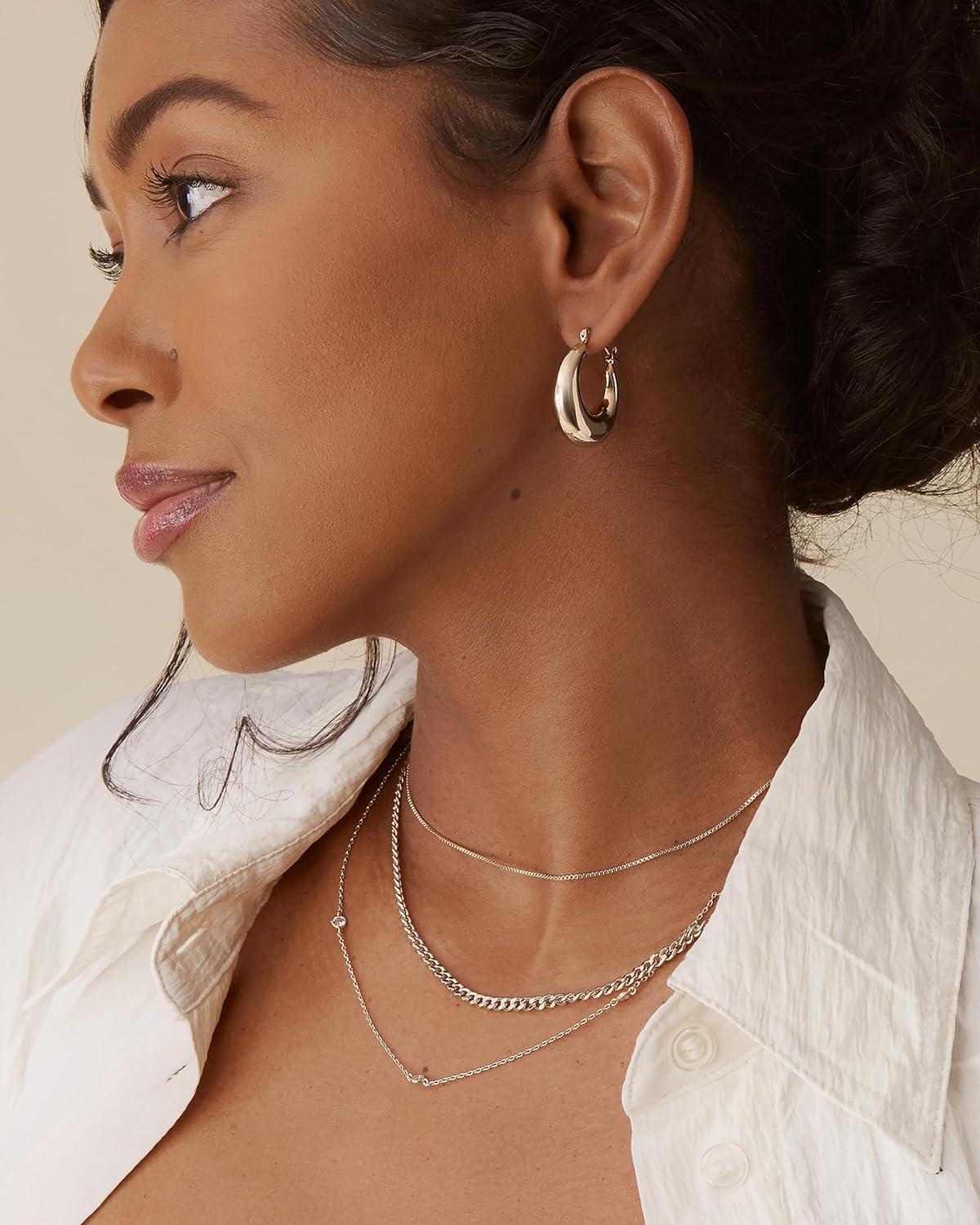 imagePAVOI 14K Gold Plated 925 Sterling Silver Posts Oval Chunky Hoop Earrings for Women Trendy Statement Thick Gold Hoops Lightweight Dangle EarringsWhite Gold