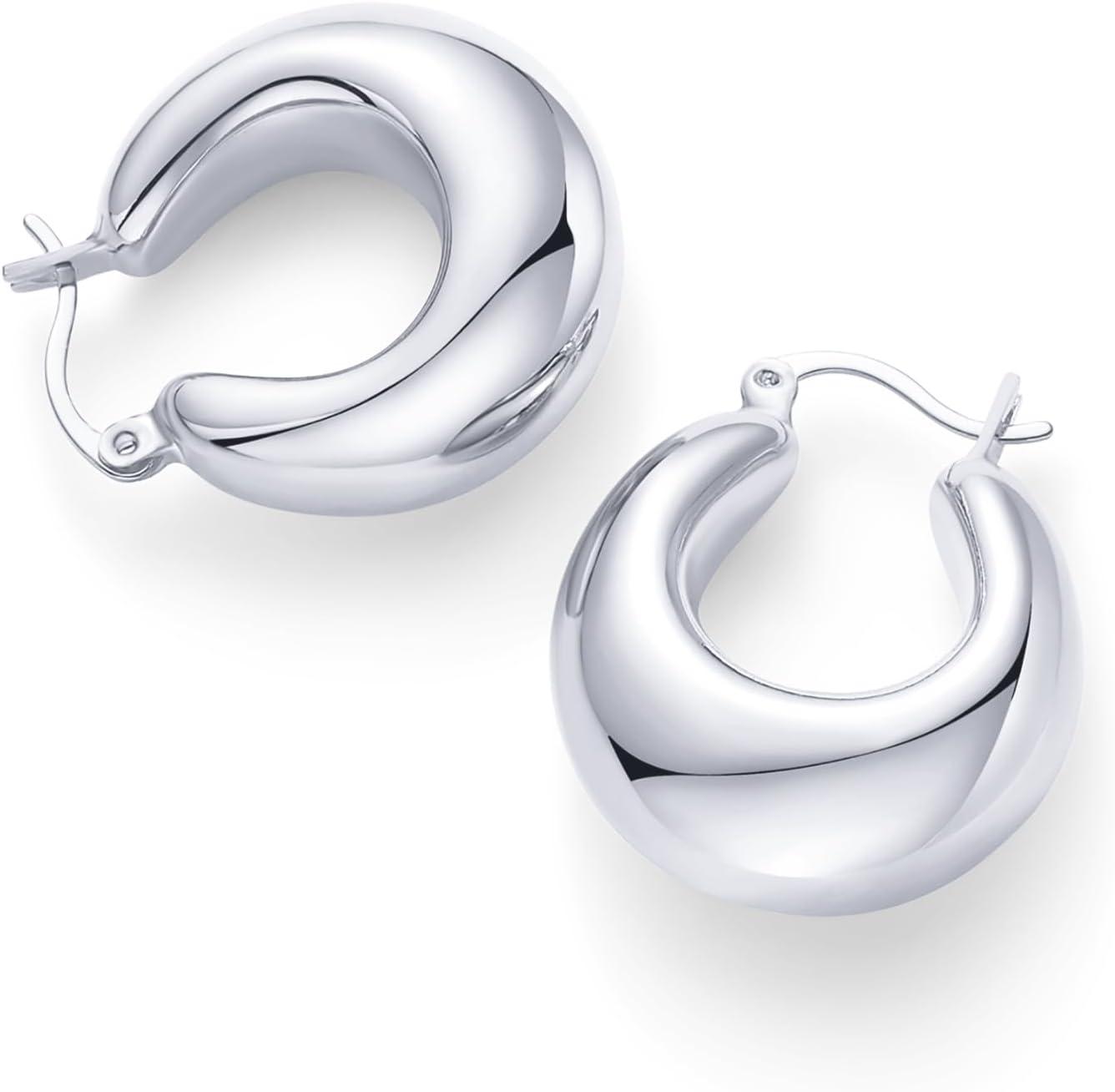 imagePAVOI 14K Gold Plated 925 Sterling Silver Posts Oval Chunky Hoop Earrings for Women Trendy Statement Thick Gold Hoops Lightweight Dangle EarringsWhite Gold