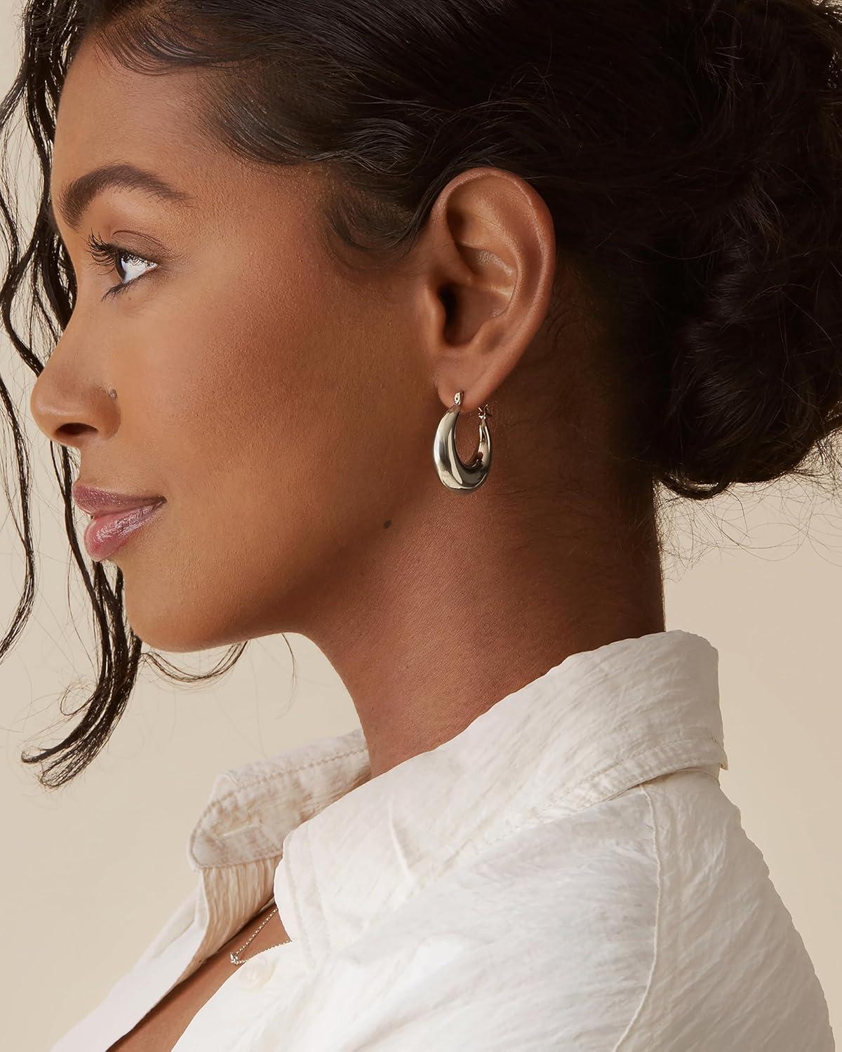 imagePAVOI 14K Gold Plated 925 Sterling Silver Posts Oval Chunky Hoop Earrings for Women Trendy Statement Thick Gold Hoops Lightweight Dangle EarringsWhite Gold