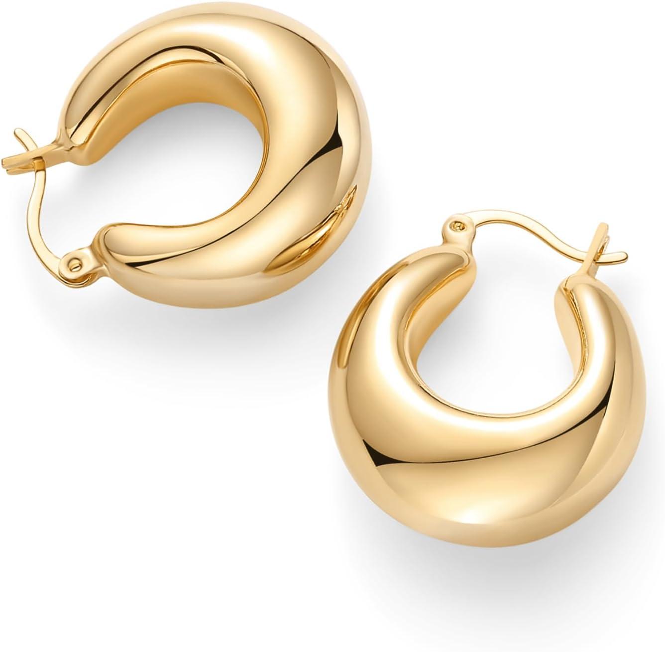 imagePAVOI 14K Gold Plated 925 Sterling Silver Posts Oval Chunky Hoop Earrings for Women Trendy Statement Thick Gold Hoops Lightweight Dangle EarringsYellow Gold