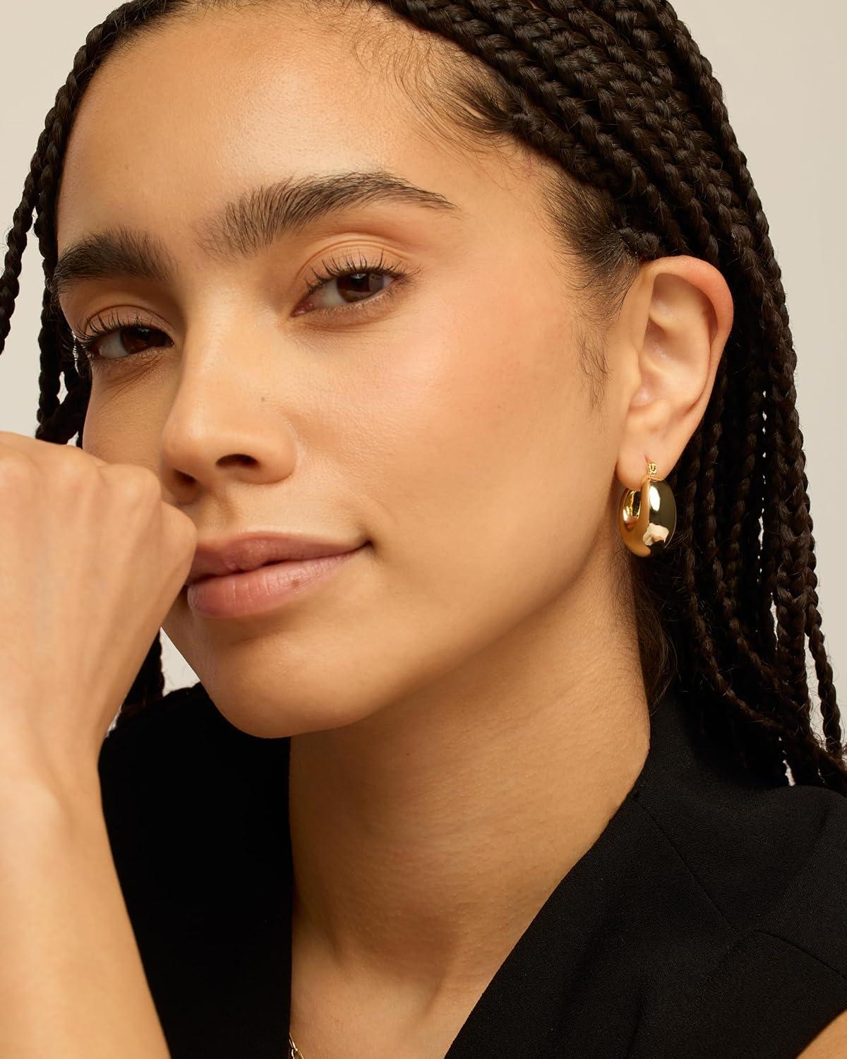 imagePAVOI 14K Gold Plated 925 Sterling Silver Posts Oval Chunky Hoop Earrings for Women Trendy Statement Thick Gold Hoops Lightweight Dangle EarringsYellow Gold