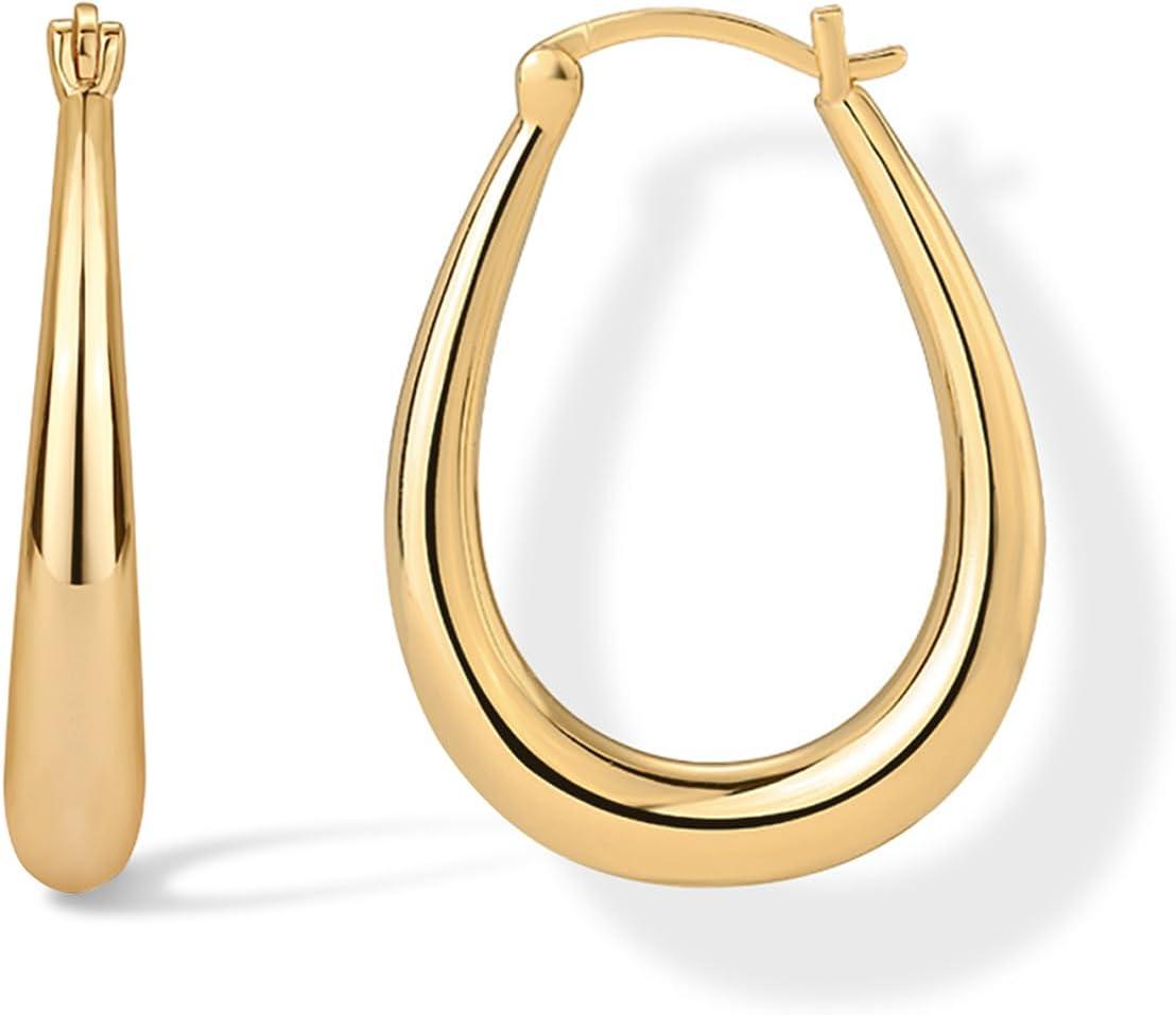 imagePAVOI 14K Gold Plated 925 Sterling Silver Posts Oval Chunky Hoop Earrings for Women Trendy Statement Thick Gold Hoops Lightweight Dangle EarringsYellow Gold