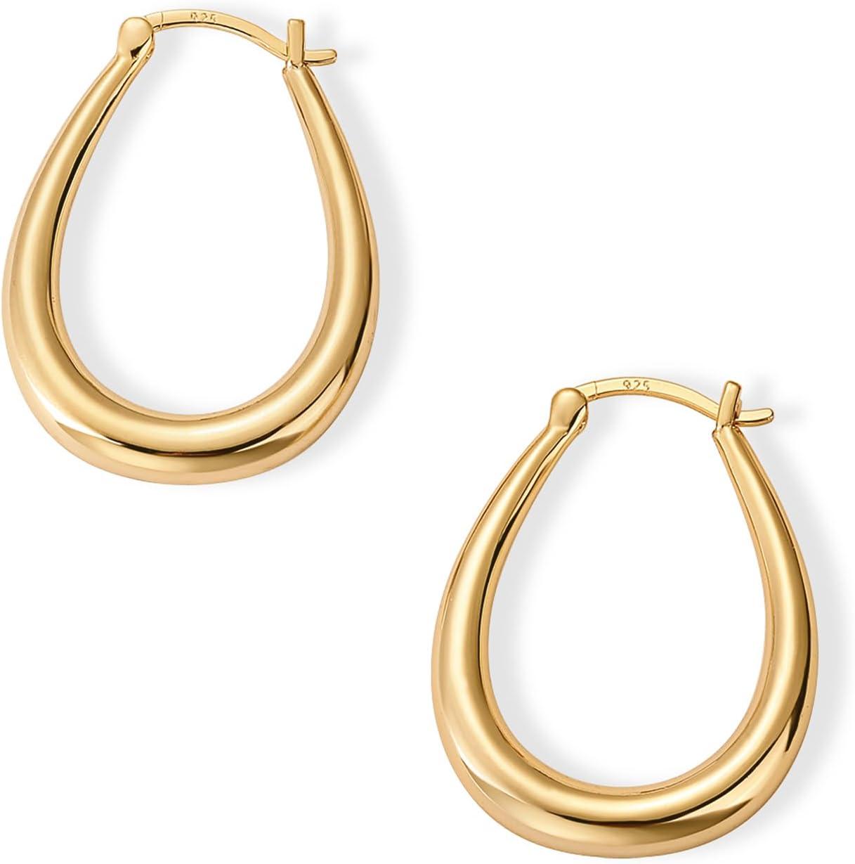 imagePAVOI 14K Gold Plated 925 Sterling Silver Posts Oval Chunky Hoop Earrings for Women Trendy Statement Thick Gold Hoops Lightweight Dangle EarringsYellow Gold