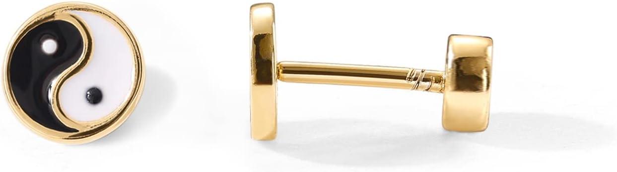 imagePAVOI 14K Gold Plated 925 Sterling Silver Posts Pair of Flat Back Stud Earrings for Women Cartilage Helix Piercing Heart Moon Snake Smiley Butterfly Yin and Yang North Star EarringYin and Yang