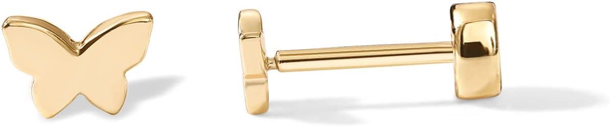 imagePAVOI 14K Gold Plated 925 Sterling Silver Posts Pair of Flat Back Stud Earrings for Women Cartilage Helix Piercing Heart Moon Snake Smiley Butterfly Yin and Yang North Star EarringButterfly