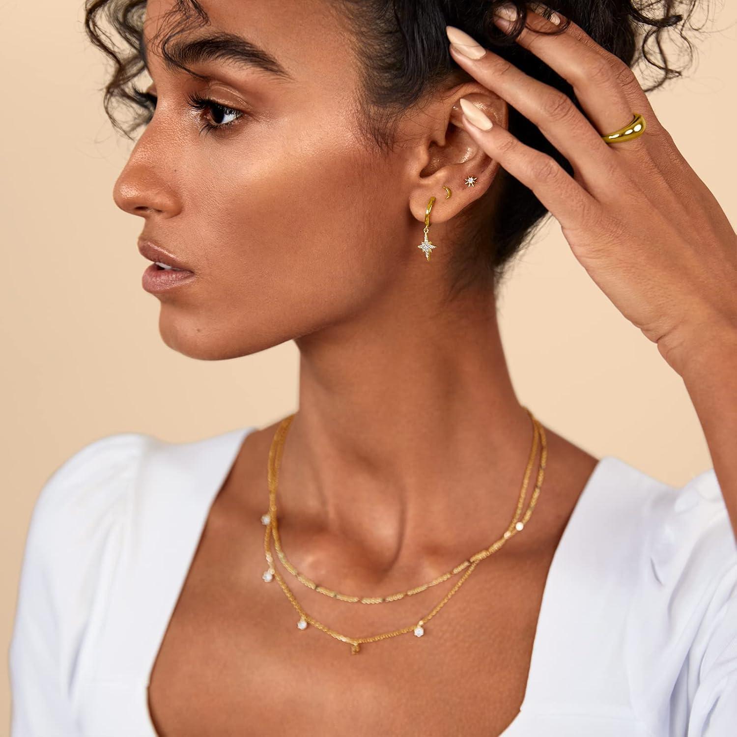 imagePAVOI 14K Gold Plated 925 Sterling Silver Posts Pair of Flat Back Stud Earrings for Women Cartilage Helix Piercing Heart Moon Snake Smiley Butterfly Yin and Yang North Star EarringMoon