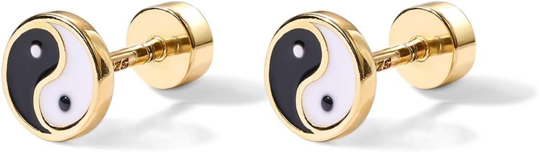 imagePAVOI 14K Gold Plated 925 Sterling Silver Posts Pair of Flat Back Stud Earrings for Women Cartilage Helix Piercing Heart Moon Snake Smiley Butterfly Yin and Yang North Star EarringYin and Yang