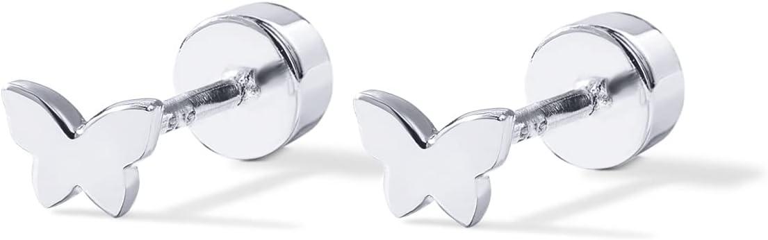 imagePAVOI 14K Gold Plated 925 Sterling Silver Posts Pair of Flat Back Stud Earrings for Women Cartilage Helix Piercing Heart Moon Snake Smiley Butterfly Yin and Yang North Star EarringButterfly