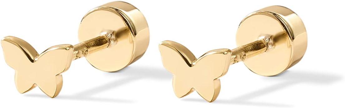 imagePAVOI 14K Gold Plated 925 Sterling Silver Posts Pair of Flat Back Stud Earrings for Women Cartilage Helix Piercing Heart Moon Snake Smiley Butterfly Yin and Yang North Star EarringButterfly