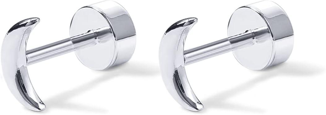 imagePAVOI 14K Gold Plated 925 Sterling Silver Posts Pair of Flat Back Stud Earrings for Women Cartilage Helix Piercing Heart Moon Snake Smiley Butterfly Yin and Yang North Star EarringMoon