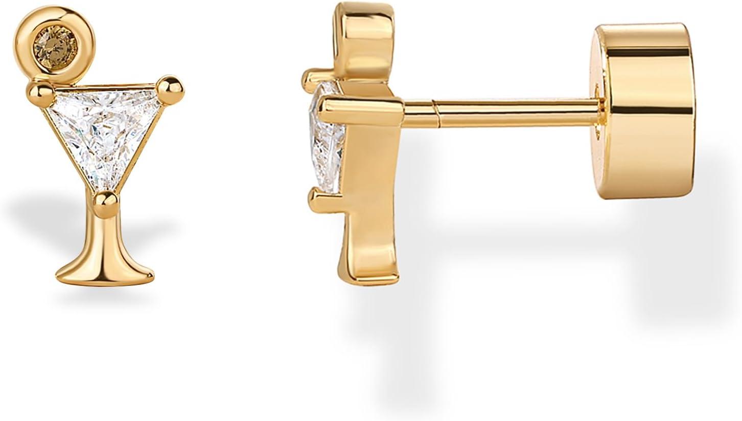 imagePAVOI 14K Gold Plated Dainty Flat Back Earrings for Women Hypoallergenic 925 Sterling Silver Posts Helix Cartilage Piercing Jewelry Emoji Motif Bow Celestial Flatback Gold Stud Earrings Screw BackMartini