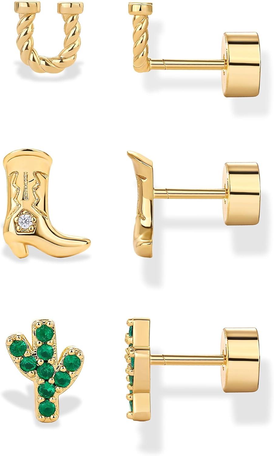 imagePAVOI 14K Gold Plated Dainty Flat Back Earrings for Women Hypoallergenic 925 Sterling Silver Posts Helix Cartilage Piercing Jewelry Emoji Motif Bow Celestial Flatback Gold Stud Earrings Screw BackWestern Trio Set