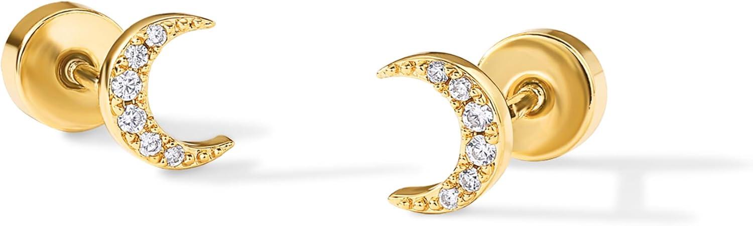 imagePAVOI 14K Gold Plated Dainty Flat Back Earrings for Women Hypoallergenic 925 Sterling Silver Posts Helix Cartilage Piercing Jewelry Emoji Motif Bow Celestial Flatback Gold Stud Earrings Screw BackMoon
