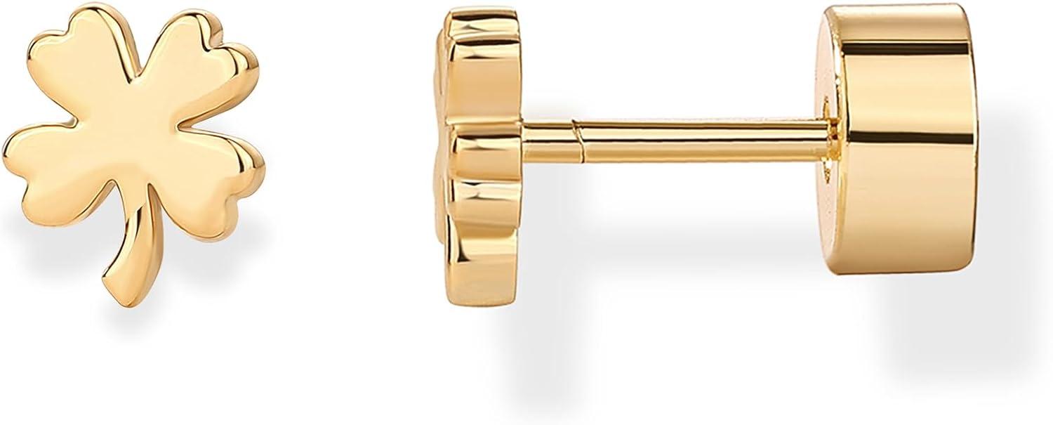 imagePAVOI 14K Gold Plated Dainty Flat Back Earrings for Women Hypoallergenic 925 Sterling Silver Posts Helix Cartilage Piercing Jewelry Emoji Motif Bow Celestial Flatback Gold Stud Earrings Screw BackClover