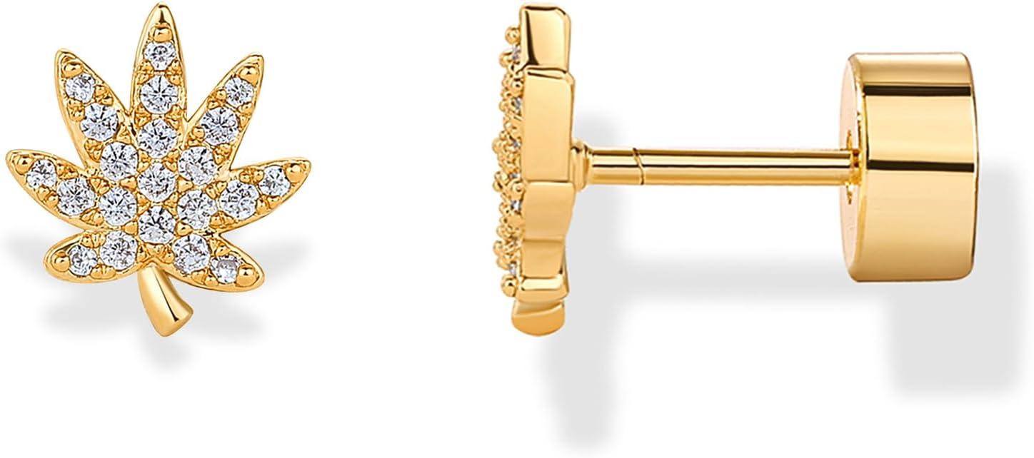 imagePAVOI 14K Gold Plated Dainty Flat Back Earrings for Women Hypoallergenic 925 Sterling Silver Posts Helix Cartilage Piercing Jewelry Emoji Motif Bow Celestial Flatback Gold Stud Earrings Screw BackLeaf