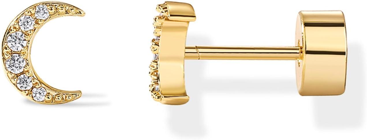 imagePAVOI 14K Gold Plated Dainty Flat Back Earrings for Women Hypoallergenic 925 Sterling Silver Posts Helix Cartilage Piercing Jewelry Emoji Motif Bow Celestial Flatback Gold Stud Earrings Screw BackMoon