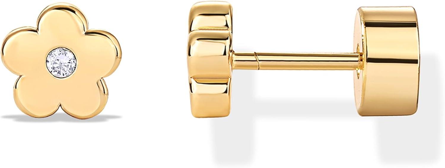 imagePAVOI 14K Gold Plated Dainty Flat Back Earrings for Women Hypoallergenic 925 Sterling Silver Posts Helix Cartilage Piercing Jewelry Emoji Motif Bow Celestial Flatback Gold Stud Earrings Screw BackFlower