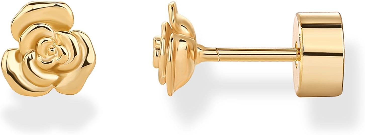 imagePAVOI 14K Gold Plated Dainty Flat Back Earrings for Women Hypoallergenic 925 Sterling Silver Posts Helix Cartilage Piercing Jewelry Emoji Motif Bow Celestial Flatback Gold Stud Earrings Screw BackRose