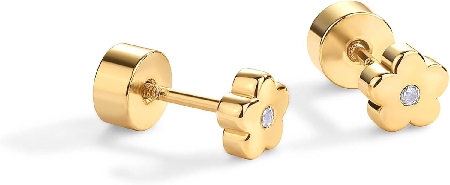 imagePAVOI 14K Gold Plated Dainty Flat Back Earrings for Women Hypoallergenic 925 Sterling Silver Posts Helix Cartilage Piercing Jewelry Emoji Motif Bow Celestial Flatback Gold Stud Earrings Screw BackFlower