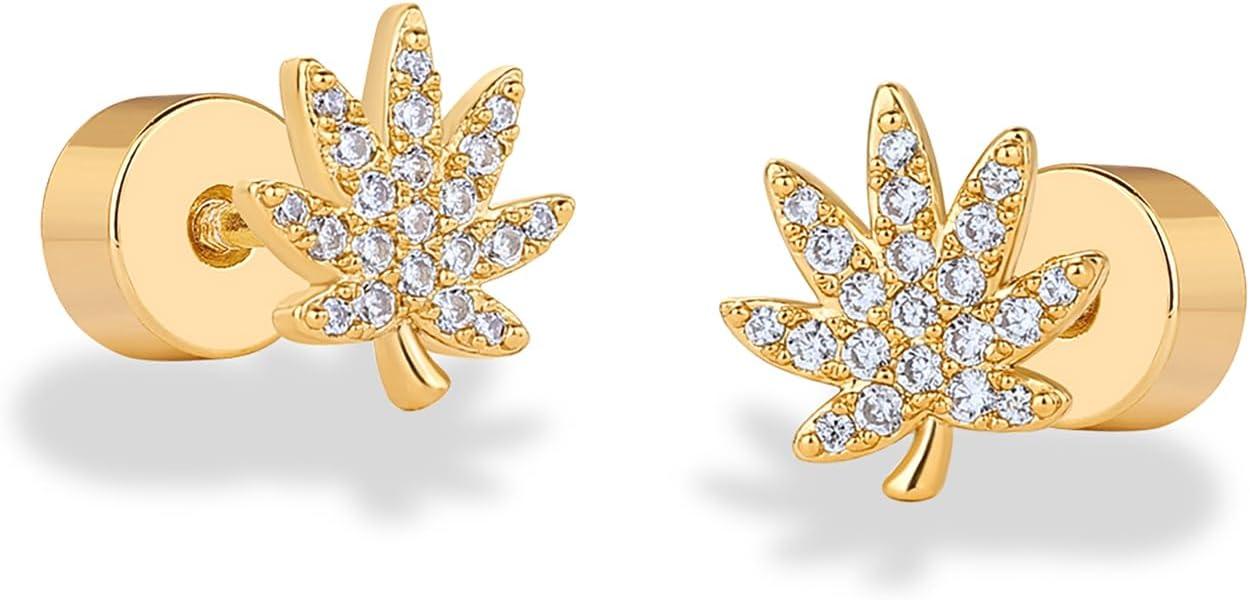 imagePAVOI 14K Gold Plated Dainty Flat Back Earrings for Women Hypoallergenic 925 Sterling Silver Posts Helix Cartilage Piercing Jewelry Emoji Motif Bow Celestial Flatback Gold Stud Earrings Screw BackLeaf