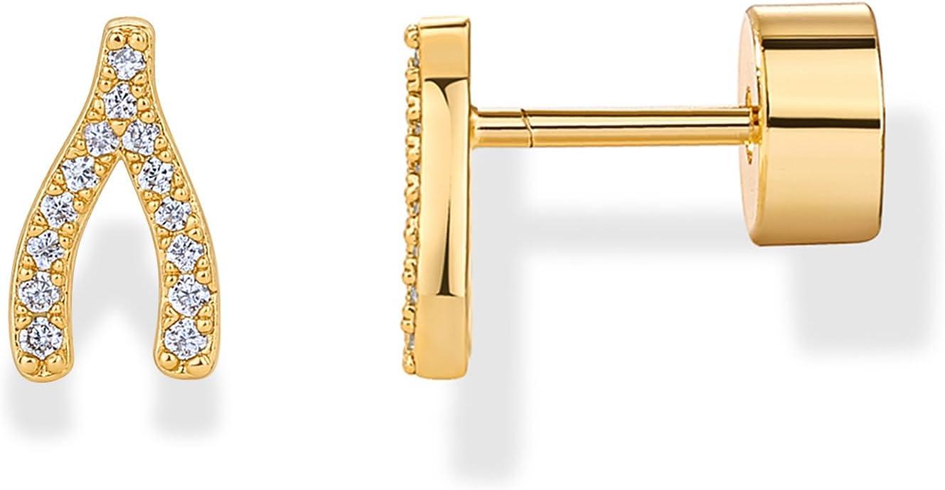 imagePAVOI 14K Gold Plated Dainty Flat Back Earrings for Women Hypoallergenic 925 Sterling Silver Posts Helix Cartilage Piercing Jewelry Emoji Motif Bow Celestial Flatback Gold Stud Earrings Screw BackWishbone