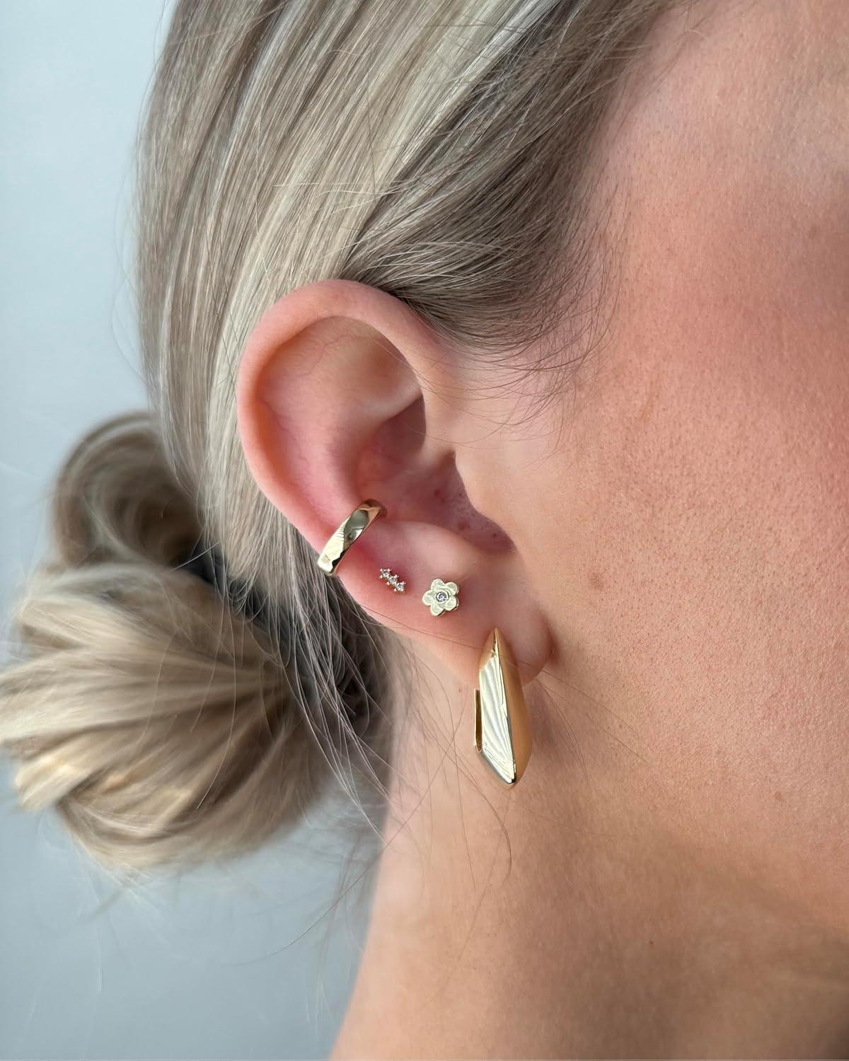 imagePAVOI 14K Gold Plated Dainty Flat Back Earrings for Women Hypoallergenic 925 Sterling Silver Posts Helix Cartilage Piercing Jewelry Emoji Motif Bow Celestial Flatback Gold Stud Earrings Screw BackFlower