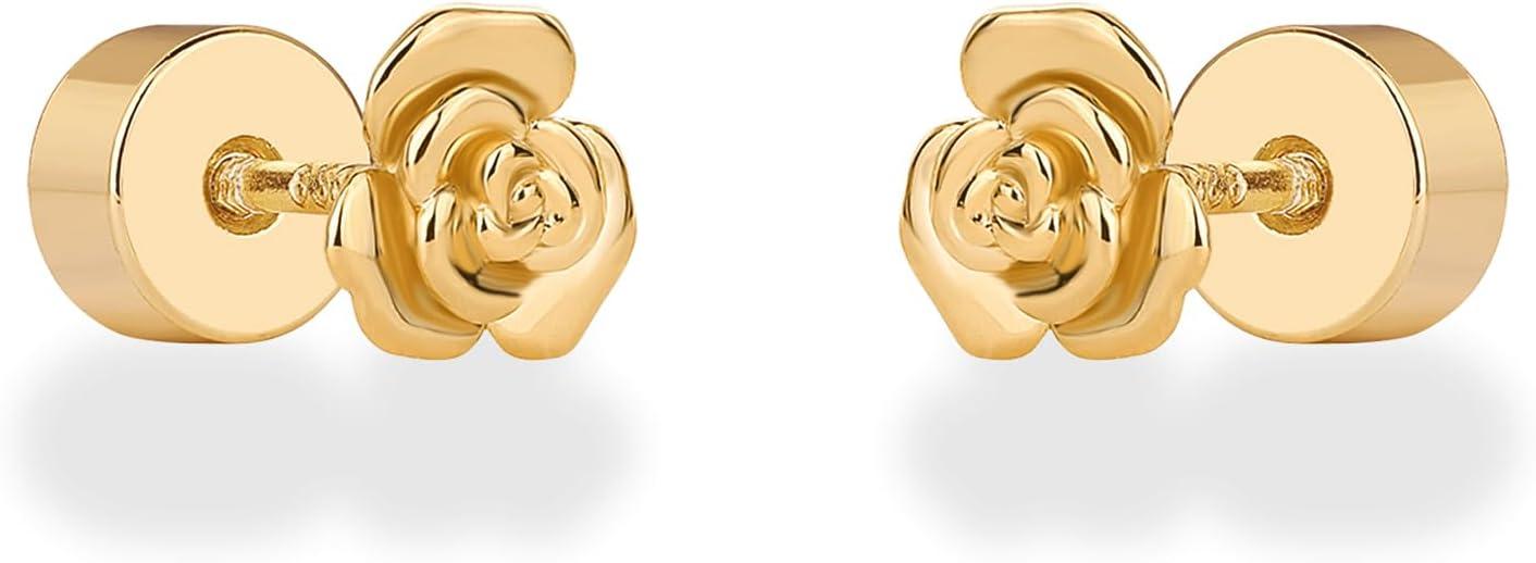 imagePAVOI 14K Gold Plated Dainty Flat Back Earrings for Women Hypoallergenic 925 Sterling Silver Posts Helix Cartilage Piercing Jewelry Emoji Motif Bow Celestial Flatback Gold Stud Earrings Screw BackRose