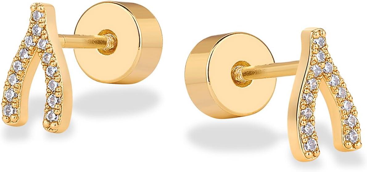 imagePAVOI 14K Gold Plated Dainty Flat Back Earrings for Women Hypoallergenic 925 Sterling Silver Posts Helix Cartilage Piercing Jewelry Emoji Motif Bow Celestial Flatback Gold Stud Earrings Screw BackWishbone