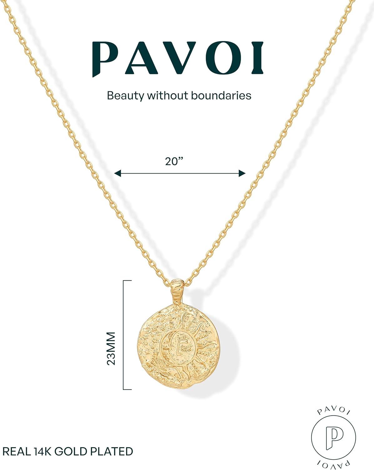 imagePAVOI 14K Gold Plated Engraved Coin Pendant Necklaces for Women Byzantine Coin Pendants Bohemian NecklaceYellow Gold