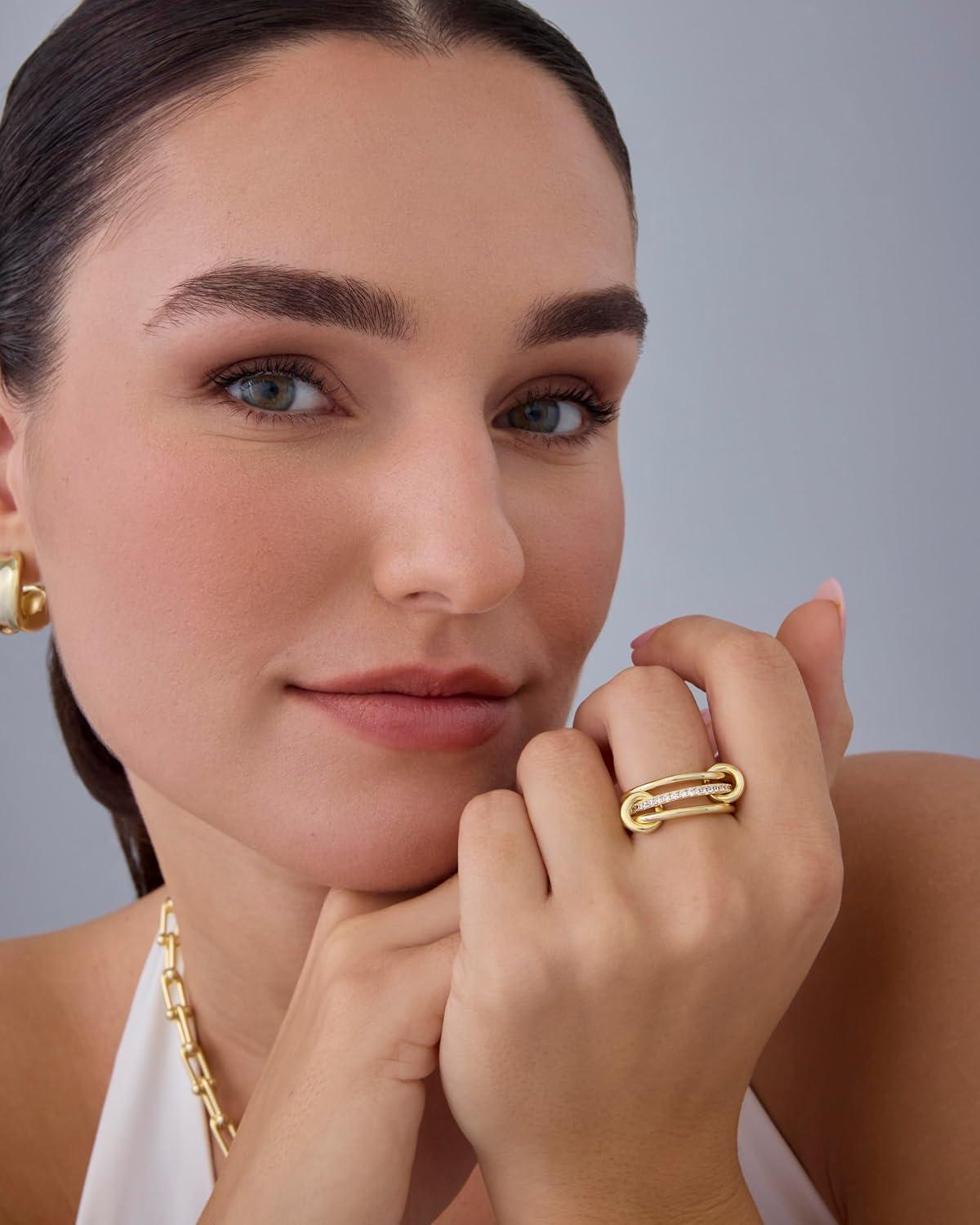 imagePAVOI 14K Gold Plated Interlocked Stackable Rings for Women Statement Mixed Metals Multi Ring Stack Cubic Zirconia TwoToned Connected Bands Stacking JewelryYellow Gold