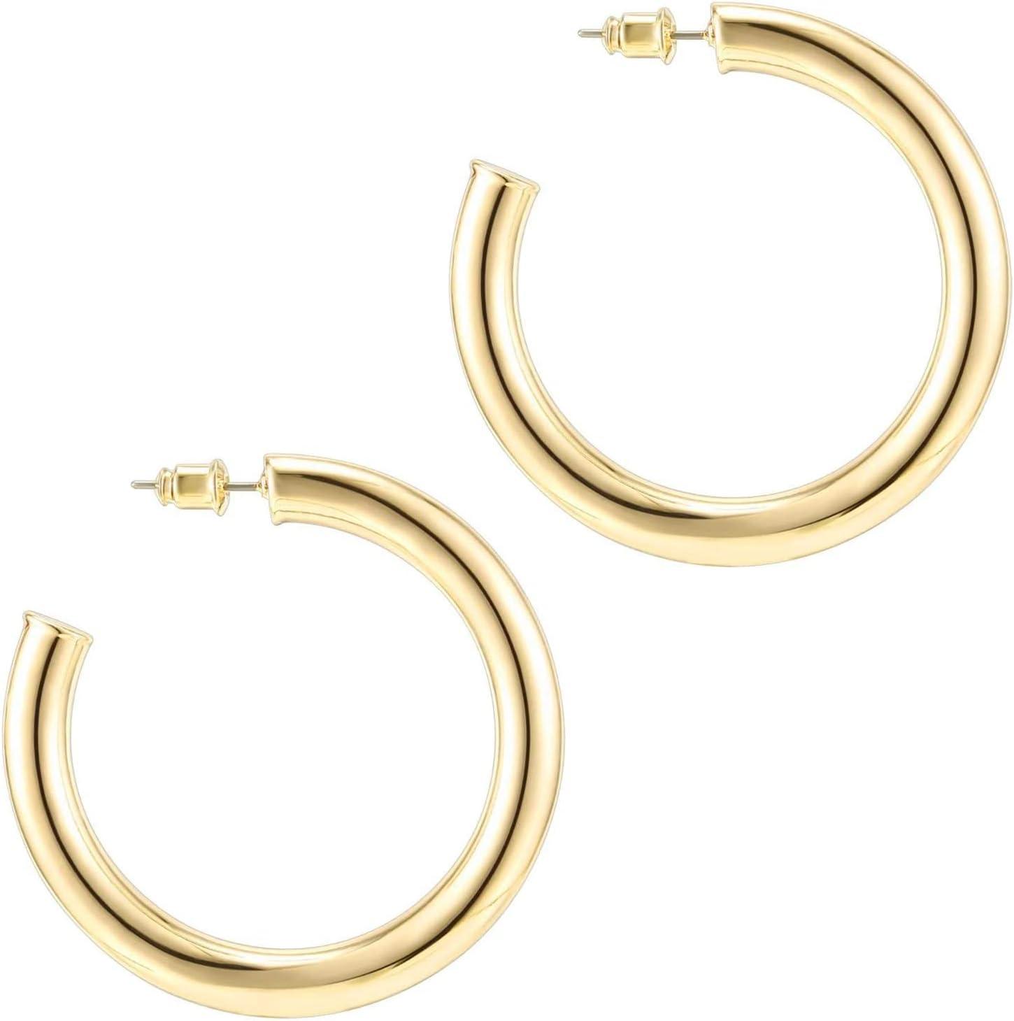 imagePAVOI 14K Gold Plated Lightweight Chunky Open Hoops for Women Trendy Gold Hoop EarringsYellow Gold