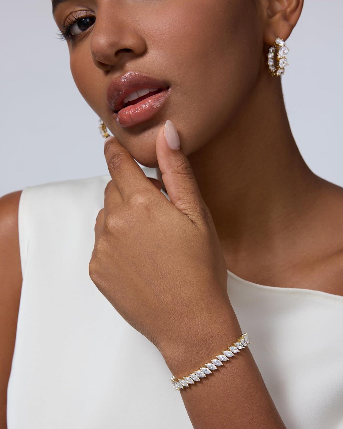 imagePAVOI 14K Gold Plated Marquise Cut Tennis Bracelet for Women Cubic Zirconia Gold Tennis Bracelets for Women Delicate Marquise CZ Bridal Jewelry for WeddingYellow Gold