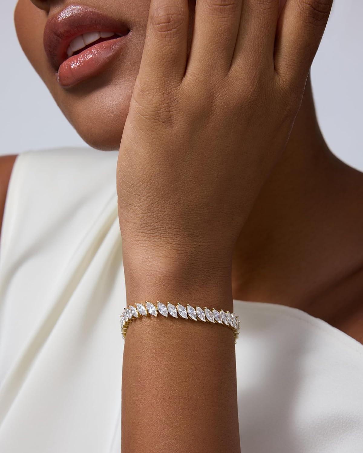 imagePAVOI 14K Gold Plated Marquise Cut Tennis Bracelet for Women Cubic Zirconia Gold Tennis Bracelets for Women Delicate Marquise CZ Bridal Jewelry for WeddingWhite Gold