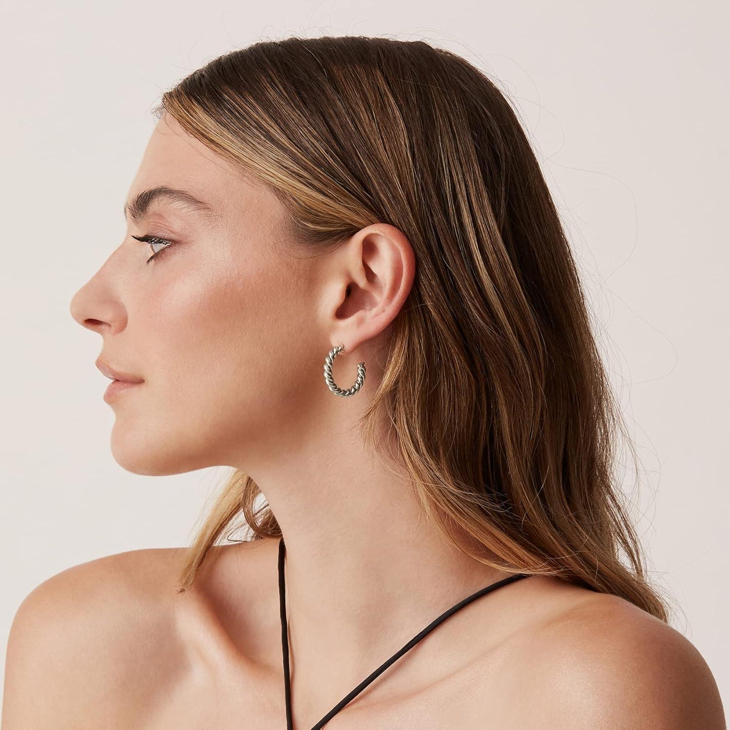 imagePAVOI 14K Gold Plated Twisted Rope Round Hoop Earrings in Rose White and Yellow GoldWhite Gold