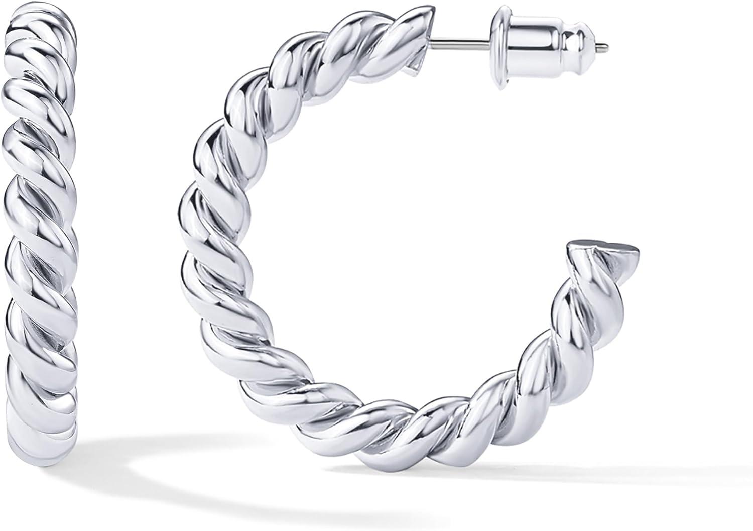 imagePAVOI 14K Gold Plated Twisted Rope Round Hoop Earrings in Rose White and Yellow GoldWhite Gold