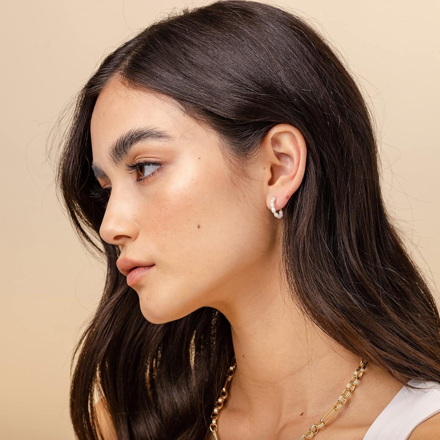 imagePAVOI 14K GoldPlated Classic Pearl Hoop Earrings for Women Freshwater Pearl Earring PairRound Pearls