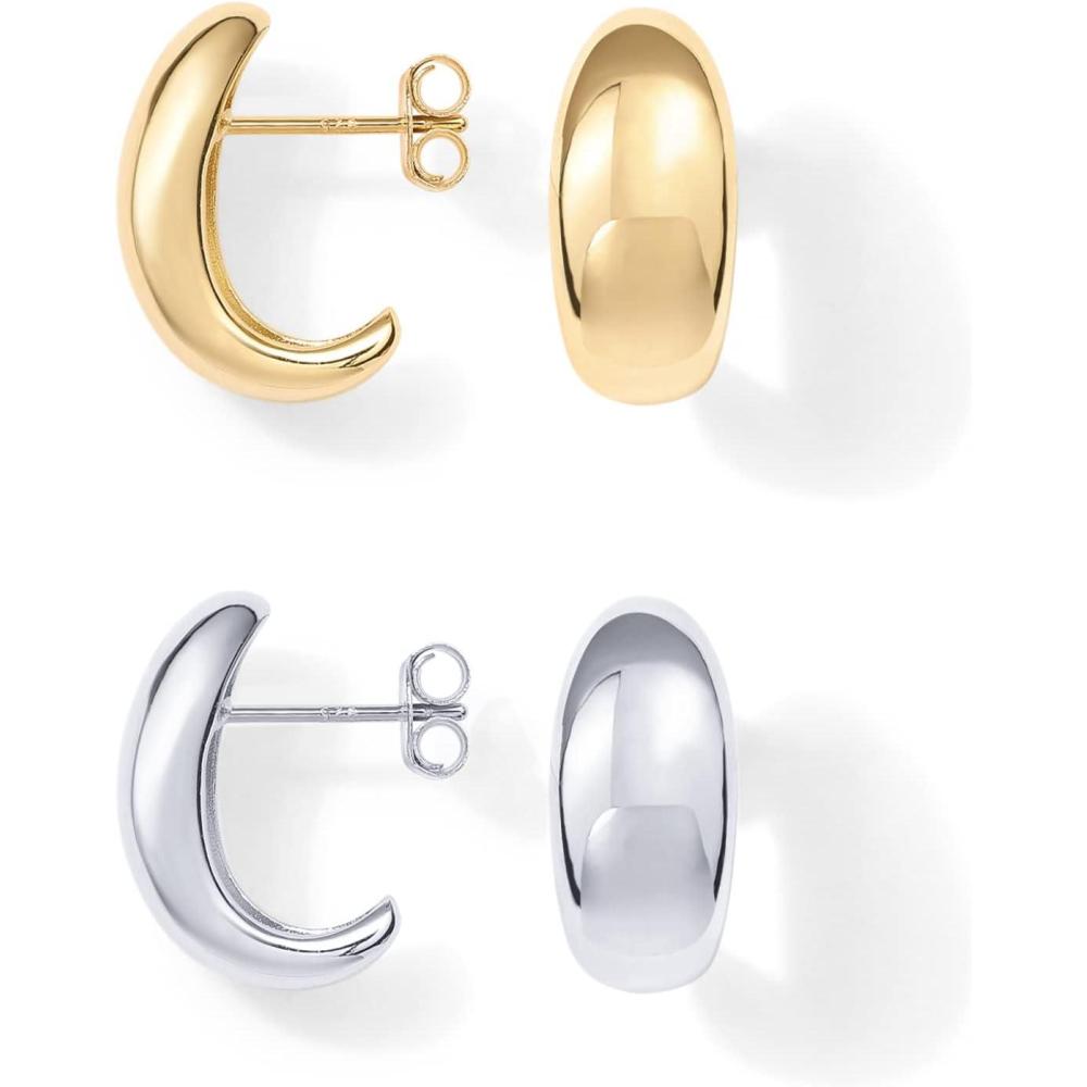 imagePAVOI 14K Gold Plated 925 Sterling Silver Post Huggie Earrings Gold Dome Huggie Hoop Earrings for WomenWhite Yellow Pack