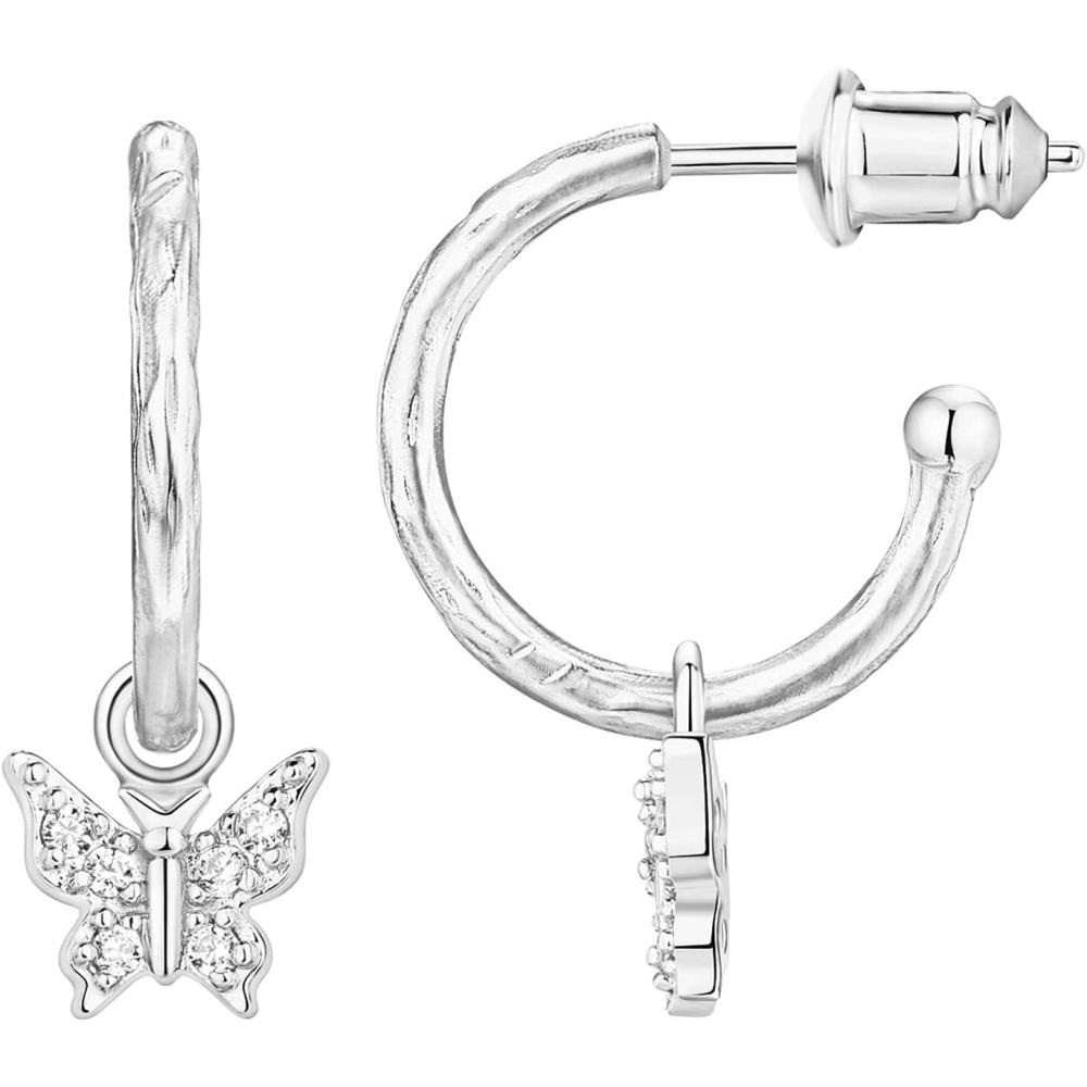 imagePAVOI 14K Gold Plated 925 Sterling Silver Post Huggie With Dangle  Butterfly Evil Eye Hamsa Pearl Hoop Earring For Women  Trendy Dangle Hoop EarringsWhite Gold