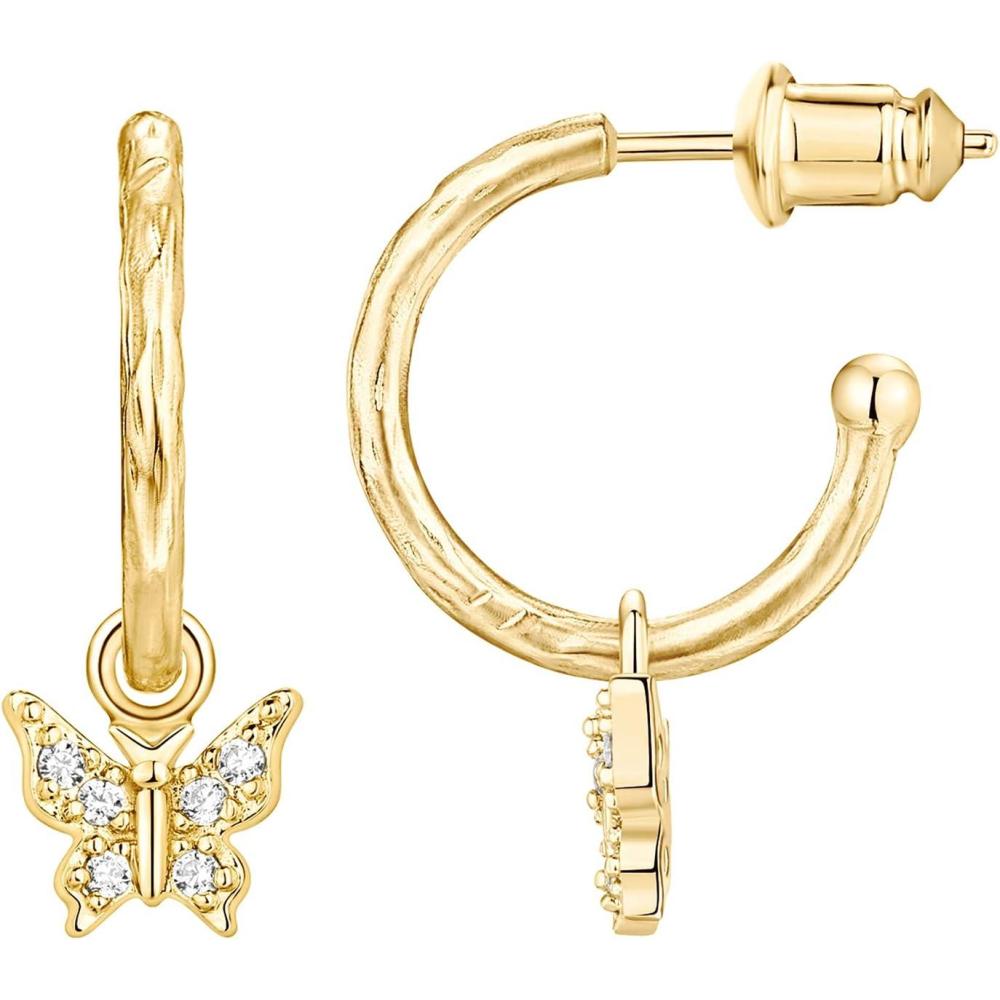 imagePAVOI 14K Gold Plated 925 Sterling Silver Post Huggie With Dangle  Butterfly Evil Eye Hamsa Pearl Hoop Earring For Women  Trendy Dangle Hoop EarringsYellow Gold