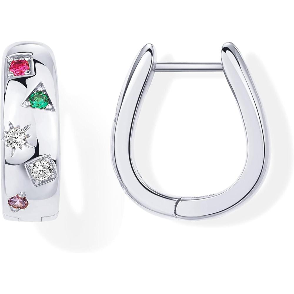 imagePAVOI 14K Gold Plated 925 Sterling Silver Posts Chunky Huggie Earrings for Women  MultiColored Cubic Zirconia Statement Hoop EarringsWhite Gold