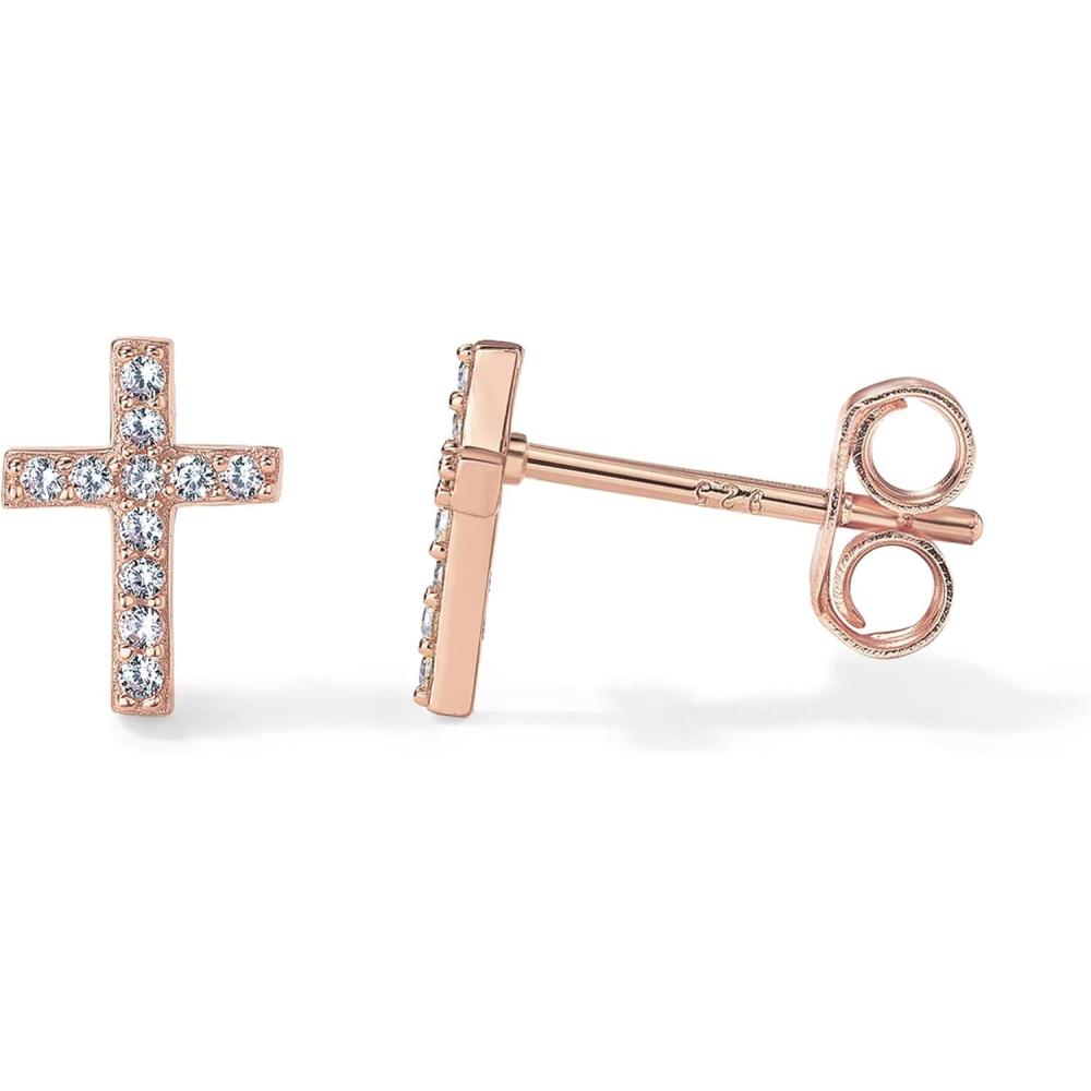 imagePAVOI 14K Gold Plated 925 Sterling Silver Posts Cross Earrings for Women  Small Religious Faith Cubic Zirconia Cross Studs Huggies EarringsRose Gold