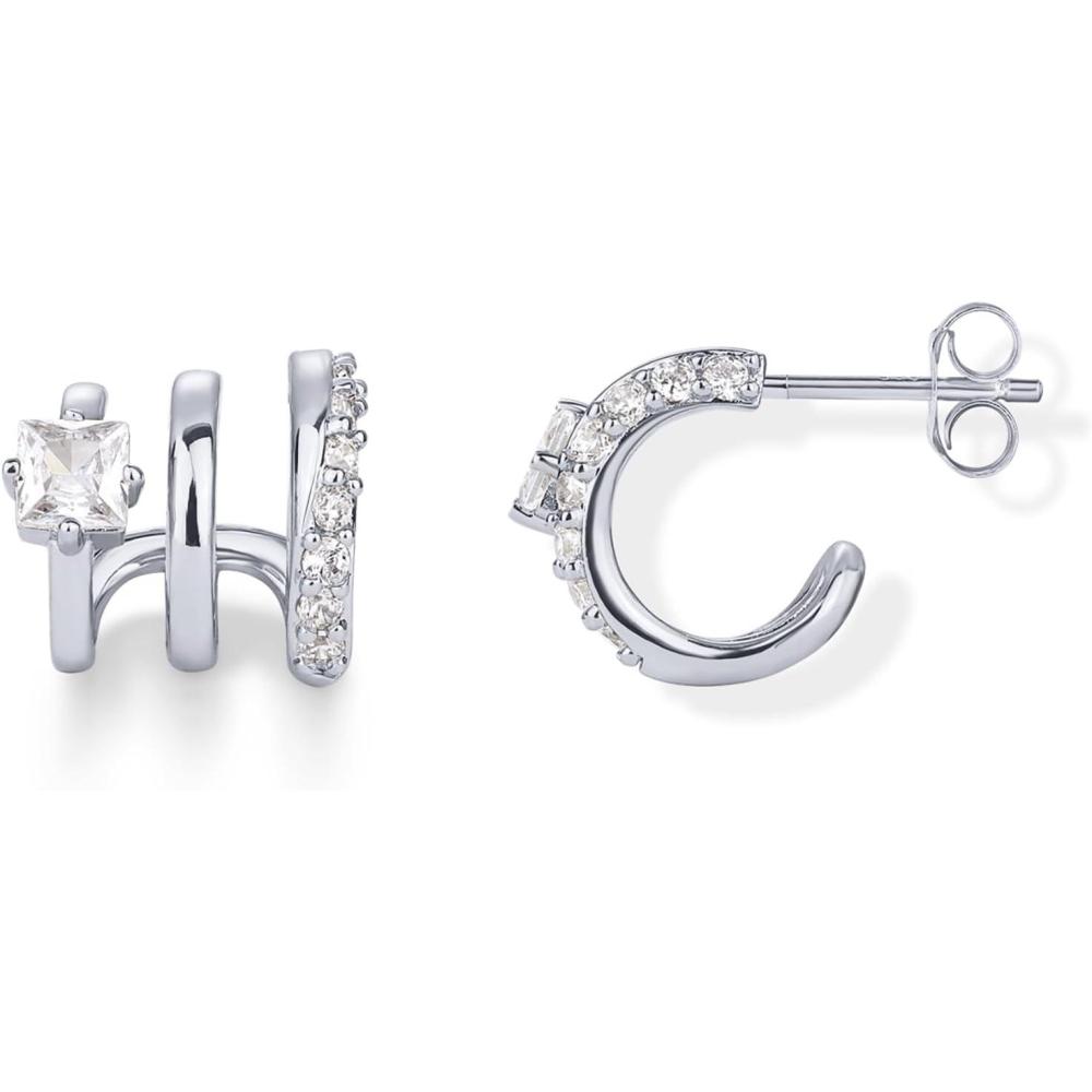 imagePAVOI 14K Gold Plated 925 Sterling Silver Posts Cubic Zirconia Segment Triple Hoop Earrings for Women  Statement Triple Hoop Stud EarringsWhite Gold