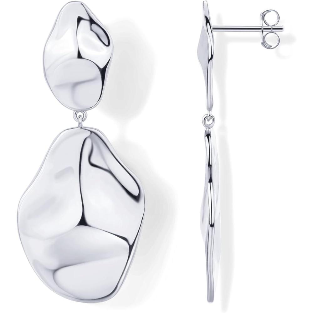 imagePAVOI 14K Gold Plated 925 Sterling Silver Posts Teardrop Statement Dangle Earrings Lightweight Hammered Drop Dangle Earrings for WomenWhite Gold